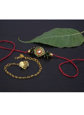Handmade rakhi for brother combo couple pair real kundan rakhi & heart charm bracelet set for bhaiya bhabhi 3