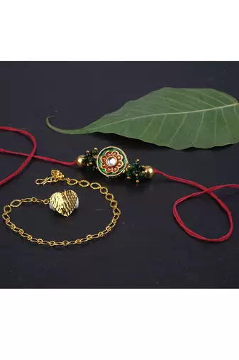 Handmade rakhi for brother combo couple pair real kundan rakhi & heart charm bracelet set for bhaiya bhabhi