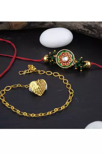 Handmade rakhi for brother combo couple pair real kundan rakhi & heart charm bracelet set for bhaiya bhabhi