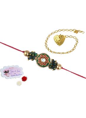 Handmade rakhi for brother combo couple pair real kundan rakhi & heart charm bracelet set for bhaiya bhabhi 5