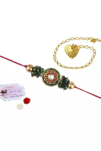 Handmade rakhi for brother combo couple pair real kundan rakhi & heart charm bracelet set for bhaiya bhabhi