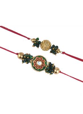 Real kundan & gold bead rakshi set with leheriya pearls  for brother bhaiya 1