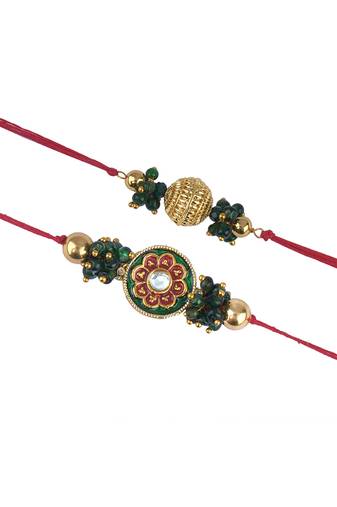 Real kundan & gold bead rakshi set with leheriya pearls  for brother bhaiya