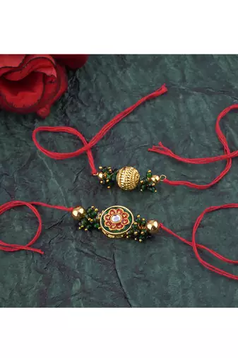 Real kundan & gold bead rakshi set with leheriya pearls  for brother bhaiya