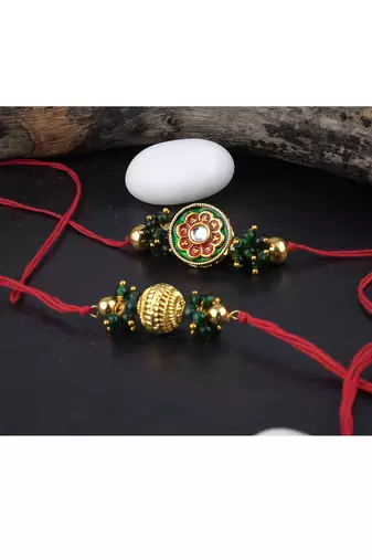 Real kundan & gold bead rakshi set with leheriya pearls  for brother bhaiya