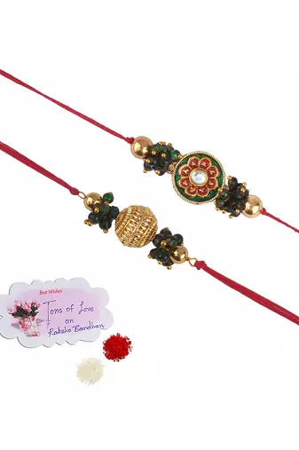 Real kundan & gold bead rakshi set with leheriya pearls  for brother bhaiya