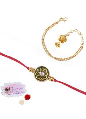 Handmade combo couple pair real kundan rakhi & gold flower charm bracelet set for bhaiya bhabhi 1