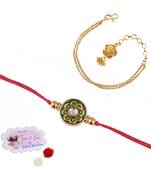 Handmade combo couple pair real kundan rakhi & gold flower charm bracelet set for bhaiya bhabhi