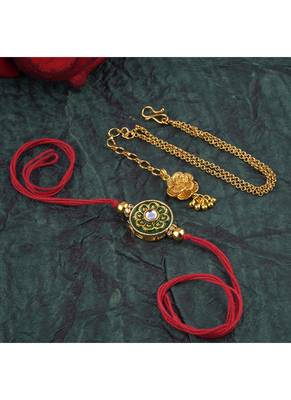 Handmade combo couple pair real kundan rakhi & gold flower charm bracelet set for bhaiya bhabhi 2