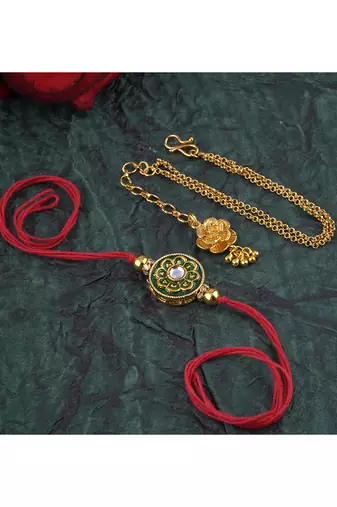 Handmade combo couple pair real kundan rakhi & gold flower charm bracelet set for bhaiya bhabhi