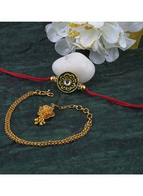 Handmade combo couple pair real kundan rakhi & gold flower charm bracelet set for bhaiya bhabhi 3