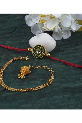 Handmade combo couple pair real kundan rakhi & gold flower charm bracelet set for bhaiya bhabhi