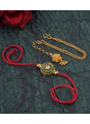 Handmade combo couple pair real kundan rakhi & gold flower charm bracelet set for bhaiya bhabhi 4