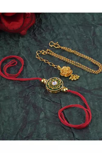 Handmade combo couple pair real kundan rakhi & gold flower charm bracelet set for bhaiya bhabhi