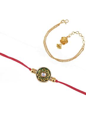 Handmade combo couple pair real kundan rakhi & gold flower charm bracelet set for bhaiya bhabhi 5