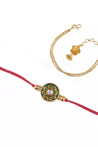 Handmade combo couple pair real kundan rakhi & gold flower charm bracelet set for bhaiya bhabhi