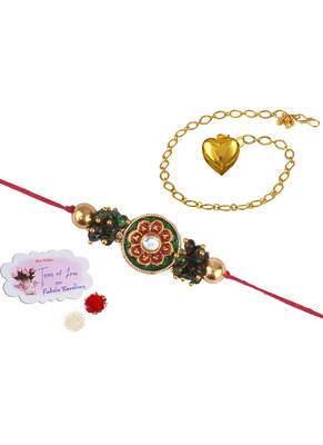 Handmade combo couple pair real kundan rakhi & gold heart charm bracelet set for bhaiya bhabhi 1