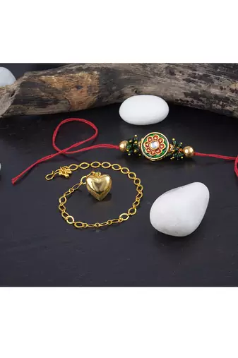 Handmade combo couple pair real kundan rakhi & gold heart charm bracelet set for bhaiya bhabhi