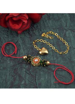 Handmade combo couple pair real kundan rakhi & gold heart charm bracelet set for bhaiya bhabhi 3