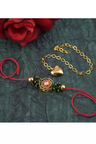 Handmade combo couple pair real kundan rakhi & gold heart charm bracelet set for bhaiya bhabhi