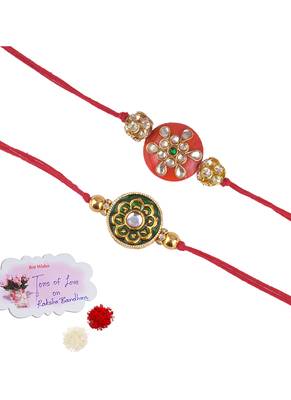 Handmade real kundan floral and orange bead rakshi set with gold beads for brother bhaiya 1