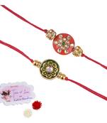 Handmade real kundan floral and orange bead rakshi set with gold beads for brother bhaiya