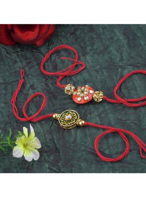 Handmade real kundan floral and orange bead rakshi set with gold beads for brother bhaiya 2