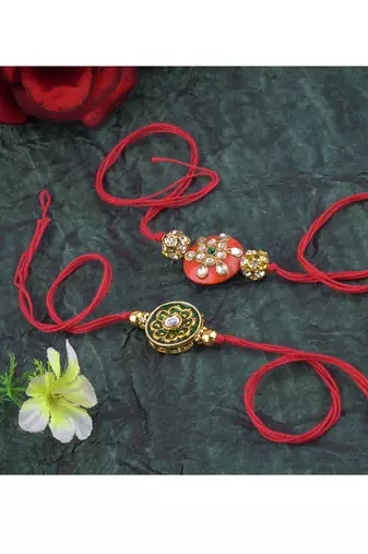 Handmade real kundan floral and orange bead rakshi set with gold beads for brother bhaiya
