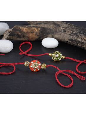 Handmade real kundan floral and orange bead rakshi set with gold beads for brother bhaiya 3