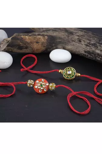 Handmade real kundan floral and orange bead rakshi set with gold beads for brother bhaiya
