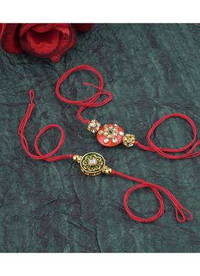 Handmade real kundan floral and orange bead rakshi set with gold beads for brother bhaiya 4