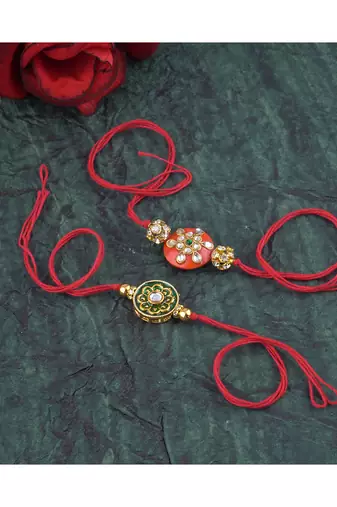 Handmade real kundan floral and orange bead rakshi set with gold beads for brother bhaiya