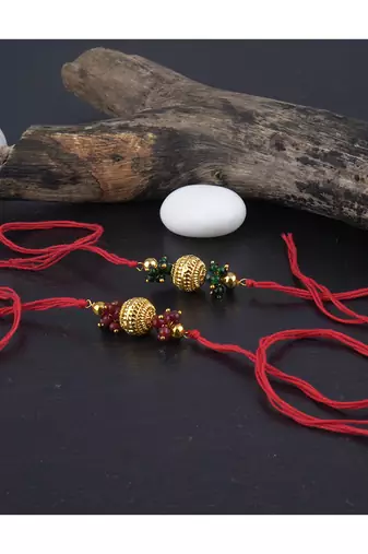 Handmade combo gold bead with leheriya pearls rakhi set for brother bhaiya