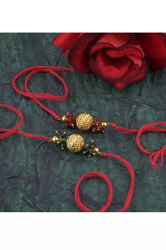 Handmade combo gold bead with leheriya pearls rakhi set for brother bhaiya