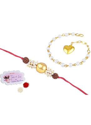 Handmade combo couple pair gold bead pearl rudraksh rakhi & gold heart charm bracelet set for bhaiya bhabhi 1