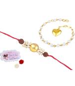 Handmade combo couple pair gold bead pearl rudraksh rakhi & gold heart charm bracelet set for bhaiya bhabhi