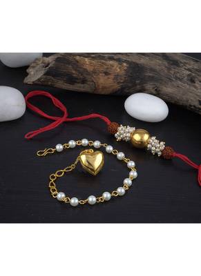 Handmade combo couple pair gold bead pearl rudraksh rakhi & gold heart charm bracelet set for bhaiya bhabhi 2