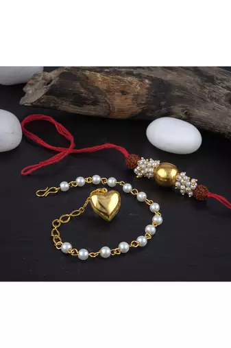 Handmade combo couple pair gold bead pearl rudraksh rakhi & gold heart charm bracelet set for bhaiya bhabhi