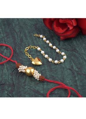 Handmade combo couple pair gold bead pearl rudraksh rakhi & gold heart charm bracelet set for bhaiya bhabhi 3
