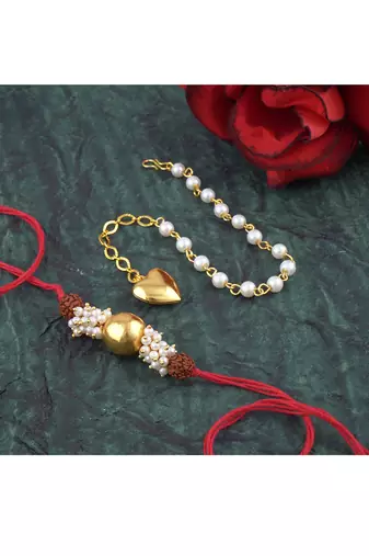 Handmade combo couple pair gold bead pearl rudraksh rakhi & gold heart charm bracelet set for bhaiya bhabhi