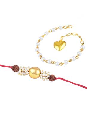 Handmade combo couple pair gold bead pearl rudraksh rakhi & gold heart charm bracelet set for bhaiya bhabhi 4