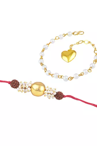 Handmade combo couple pair gold bead pearl rudraksh rakhi & gold heart charm bracelet set for bhaiya bhabhi