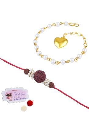 Handmade combo couple pair panch mukhi rudraksh pearl  rakhi & gold heart charm bracelet set for bhaiya bhabhi 1
