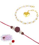 Handmade combo couple pair panch mukhi rudraksh pearl  rakhi & gold heart charm bracelet set for bhaiya bhabhi