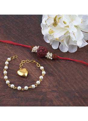 Handmade combo couple pair panch mukhi rudraksh pearl  rakhi & gold heart charm bracelet set for bhaiya bhabhi 2