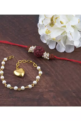 Handmade combo couple pair panch mukhi rudraksh pearl  rakhi & gold heart charm bracelet set for bhaiya bhabhi