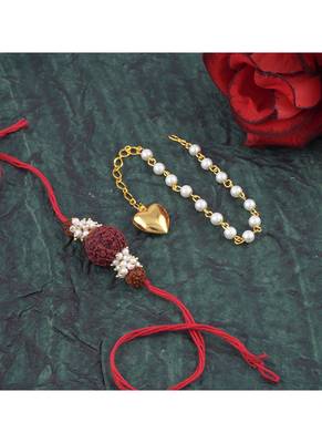 Handmade combo couple pair panch mukhi rudraksh pearl  rakhi & gold heart charm bracelet set for bhaiya bhabhi 3