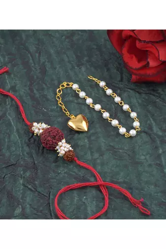 Handmade combo couple pair panch mukhi rudraksh pearl  rakhi & gold heart charm bracelet set for bhaiya bhabhi