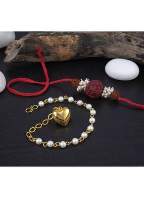 Handmade combo couple pair panch mukhi rudraksh pearl  rakhi & gold heart charm bracelet set for bhaiya bhabhi 4