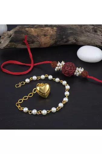Handmade combo couple pair panch mukhi rudraksh pearl  rakhi & gold heart charm bracelet set for bhaiya bhabhi